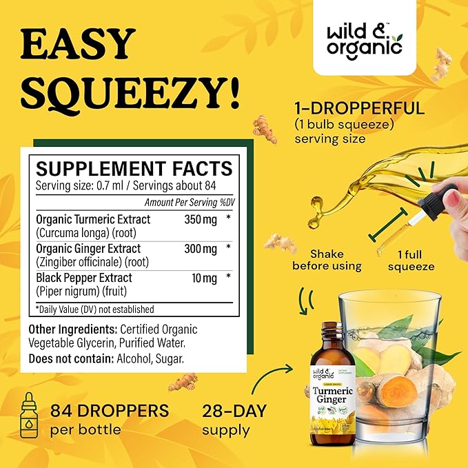 Wild & Organic Turmeric and Ginger Supplement Drops - Joint & Immune Support - Liquid Turmeric with Ginger and Black Pepper Extract - Curcumin Supplement - Vegan, Sugar & Alcohol-Free Tincture - 2 oz