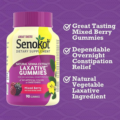 Senokot Dietary Supplement Laxative Gummies,Natural Senna Extract,Gentle,Overnight Relief from Occasional Constipation,Mixed Berry Flavor,90 Count (Pack of 2)
