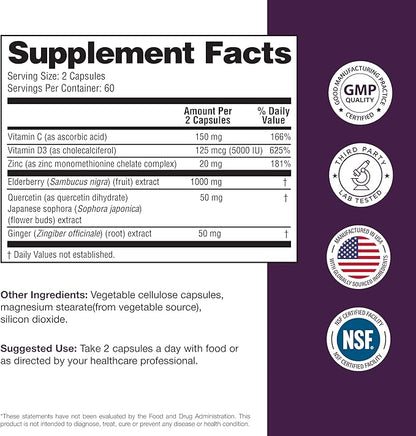 Elderberry Vitamin C and Zinc Capsules with D3 and Quercetin | 6-in-1 Immune Support Supplement Pills for Adults | 120 Count Sambucus Black Elderberry Natural Immunity Vitamins | Made in USA