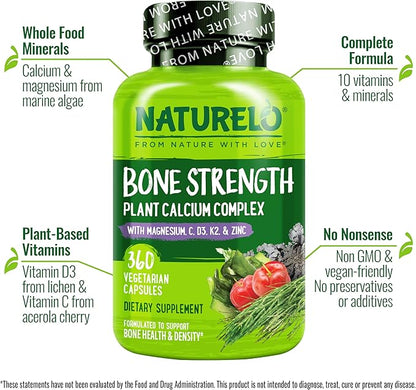 NATURELO Calcium Supplement - with Vitamin C, Vitamin D3, K2, and Calcium Magnesium Zinc for Bone Strength with Calcium 600mg - Plant-Based, 360 Vegetarian Capsules, Non-GMO, Soy & Gluten-Free