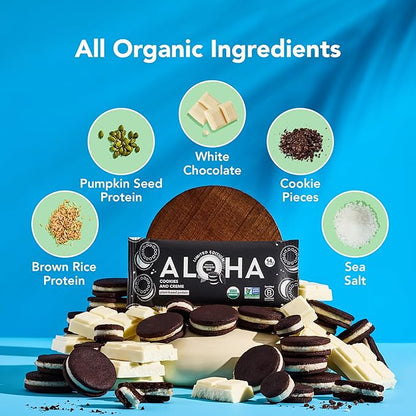 ALOHA Organic Plant Based Protein Bars - Cookies and Creme - 12 Bars, Vegan, Low Sugar, Gluten-Free, Paleo, Low Carb, Non-GMO, No Stevia, No Erythritol