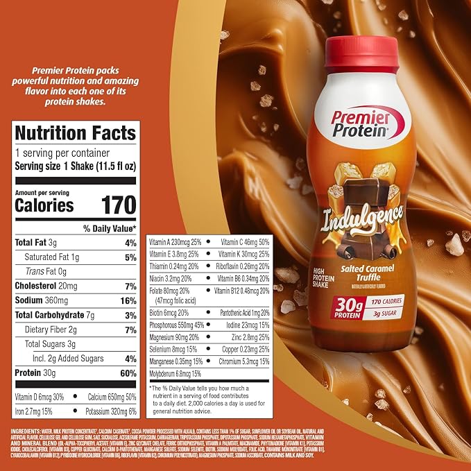 Premier Protein Shake INDULGENCE, Salted Caramel Truffle, 30g Protein, 170 Calories, 3g Sugar, 11.5 fl oz (Packaging May Vary), (Pack of 24)