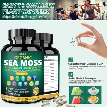 Bualle Irish Sea Moss Capsules – Organic Sea Moss, Black Seed Oil, Ashwagandha Supplements with Bladderwrack, Ginger & Burdock Root – Supports Daily Wellness, Skin & Energy – 150 Count (1 Pack)