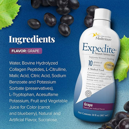 Medtrition Expedite Liquid Collagen, Grape, 30 Fl Oz, Pack of 4 - Nutrition Support for General, Orthopedic & Cosmetic Surgery Recovery