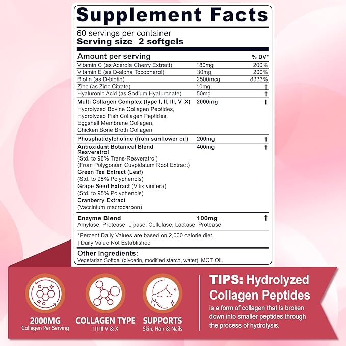 2 Pack Liposomal Collagen Peptides Pills for Women 2000mg, Multi Hydrolyzed Collagen Type I, II, III, V, X with 2500mcg Biotin - Collagen Supplements Softgels with Hair, Skin & Nails Vitamins, 240 Cts