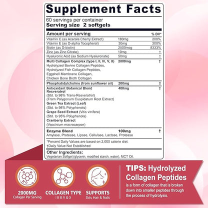 2 Pack Liposomal Collagen Peptides Pills for Women 2000mg, Multi Hydrolyzed Collagen Type I, II, III, V, X with 2500mcg Biotin - Collagen Supplements Softgels with Hair, Skin & Nails Vitamins, 240 Cts