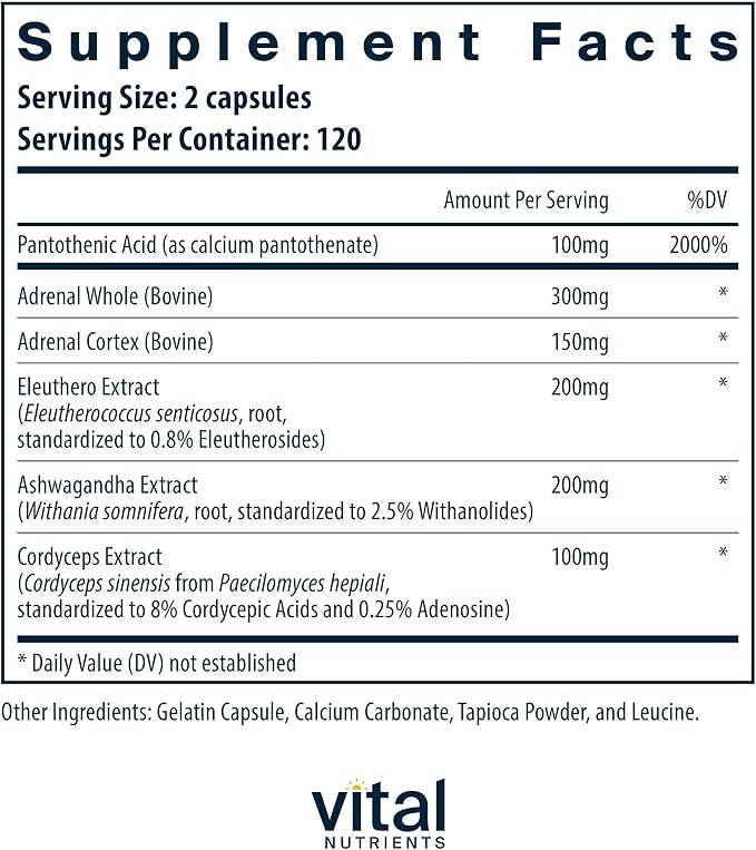 Vital Nutrients Adrenal Support - Adrenal Support Supplements for Gland Function and Cortisol Management - Supports Energy and Stress Levels - Gluten, Dairy, Soy Free - 240 Capsules
