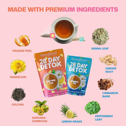 Skinny Boost Detox Tea Kit-Slimming Tea for Weight, Metabolism, Energy, Bloating & Colon Cleanse – Green Tea, Herbal, Vegan, Keto, Non-GMO, Sugar-Free-2 PACK –1 Daytime (28 Bags) + 1 Evening -(14 Bags)