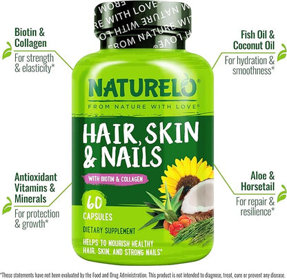 NATURELO Hair, Skin and Nails Vitamins - 5000 mcg Biotin, Collagen, Natural Vitamin E - Supplement for Healthy Skin, Hair Growth for Women and Men – 60 Capsules