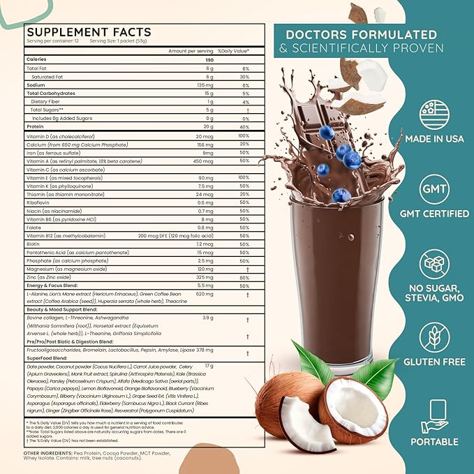 SuperFood Meal Replacement for Women - All-In-One Protein Powder with Greens & Vitamins & Collagen | Chocolate Protein Shake & Supplement Snack for Women's Health, Energy, Focus, Beauty, Mood, No Added Sugar (12 Packets On-The-Go, Chocolate)