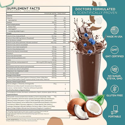 SuperFood Meal Replacement for Women - All-In-One Protein Powder with Greens & Vitamins & Collagen | Chocolate Protein Shake & Supplement Snack for Women's Health, Energy, Focus, Beauty, Mood, No Added Sugar (12 Packets On-The-Go, Chocolate)