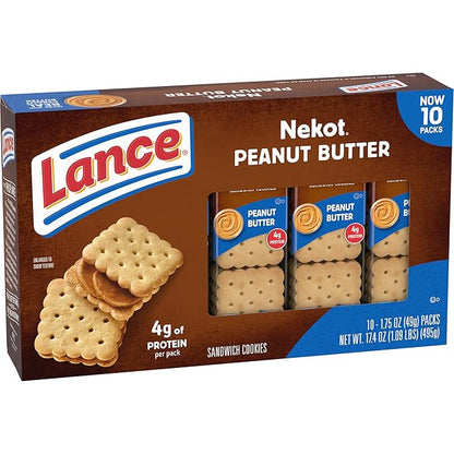 Lance Sandwich Cookies, Nekot Peanut Butter, 10 Individually Wrapped Packs, 6 Sandwiches Each