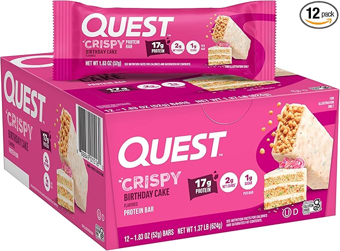 Quest Nutrition Crispy Birthday Cake Protein Bar, 17g Protein, 1g Sugar, 2g Net Carbs, Gluten Free Protein Snack, Keto Friendly, 12 Count