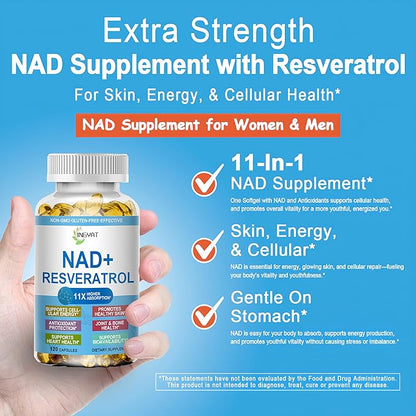 11-in-1 NAD Supplement with Resveratrol, CoQ10, Quercetin, Collagen, Grape Seed for Cellular Energy, Mental Focus & Antioxidant Support - NAD Supplement for Women & Men, 120 Soft Capsules