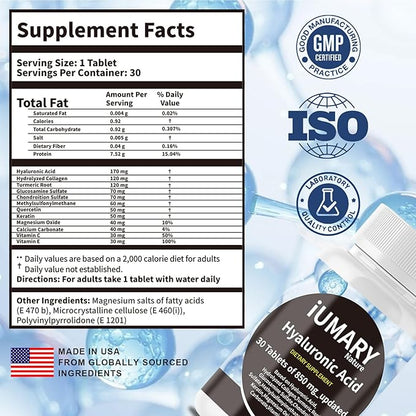 Hyaluronic Acid Supplements, 850mg High Bioavailable Dietary Hyaluronic Acid - Advanced Joint Support with Hydrolyzed Collagen, Turmeric, Glu-cosamine, MSM, Vitamin C – 30 Tablets（Pack of 1）
