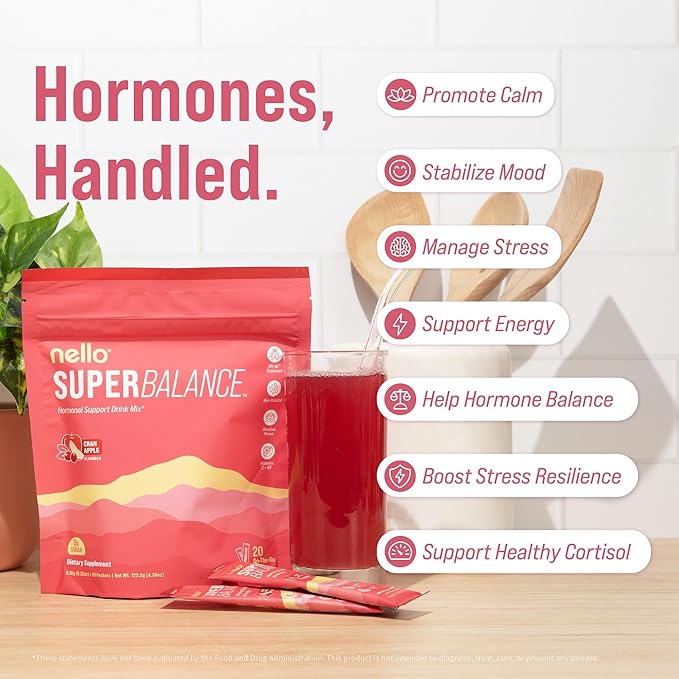 Nello Superbalance Hormonal Support Drink Mix, SRI-81 Shatavari, Myo-Inositol, Rhodiola Rosea, Vitamin C, Magnesium, Theobromine, Cran Apple (Pack of 20)