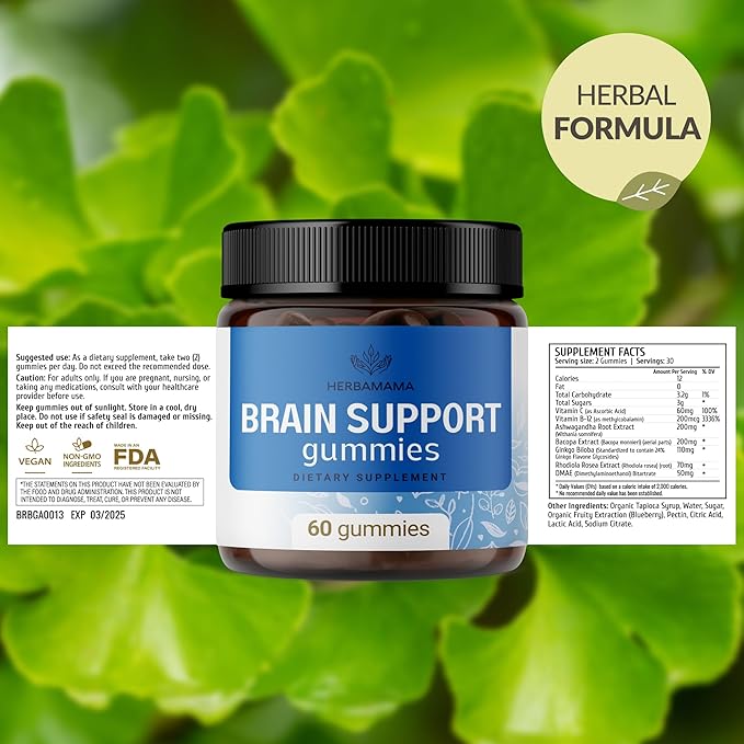 HERBAMAMA Brain Support Gummies – Brain Focus Supplements for Adults with Ashwagandha, Bacopa Monnieri, Vitamin C & B12 – Vegan, Non-GMO Calming Gummies – 60 Pectin-Based Blueberry-Flavored Chews
