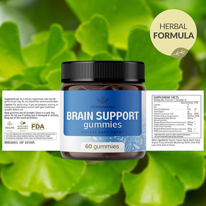 HERBAMAMA Brain Support Gummies – Brain Focus Supplements for Adults with Ashwagandha, Bacopa Monnieri, Vitamin C & B12 – Vegan, Non-GMO Calming Gummies – 60 Pectin-Based Blueberry-Flavored Chews