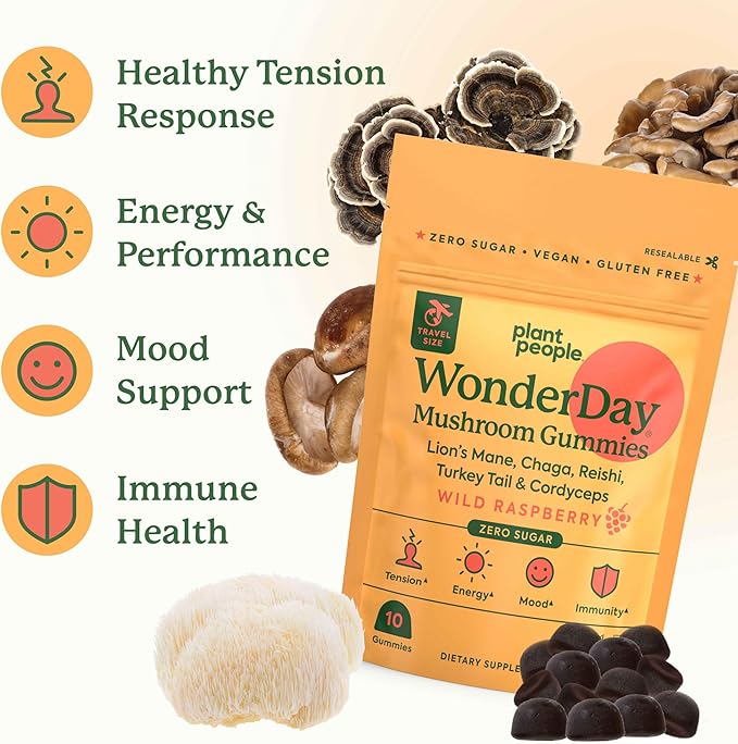 Plant People - WonderDay Mushroom Gummies Mini | Daily Gummy Multi Support for Whole Body Balance, Mood, De-Stress, Energy, Immune and Gut Health | Natural, Vegan, Non-GMO | Trial Size
