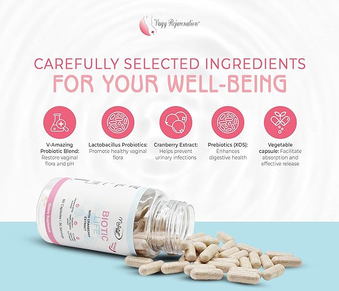 Vagy Rejuvenation BioticLife Probiotic for Women – Probiotics for Vaginal, Digestive & Urinary Health – Supplement with Prebiotics & Cranberry Extract – 60 Capsules
