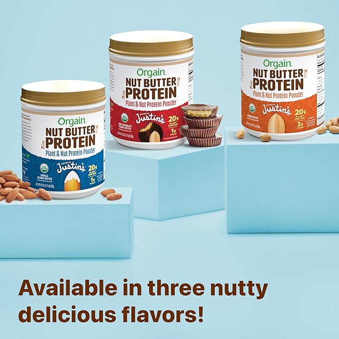 Orgain X Justin's ® Organic Vegan Nut Butter Protein Powder, Chocolate Peanut Butter- 20g Plant Protein, 1g Sugar, Gluten Free, No Dairy, Soy Ingredients, or Artificial Flavors, 1.17 lb