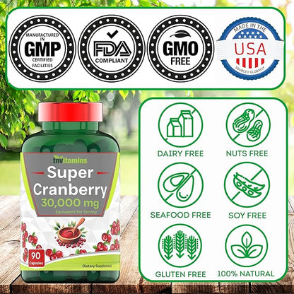 Cranberry Pills for Women & Men (30,000 MG - 90 Capsules) | Supports Urinary Tract Health* | Cranberry Concentrate Supplement | Bladder & Kidney Support* | Supports Women's Health* | Antioxidants