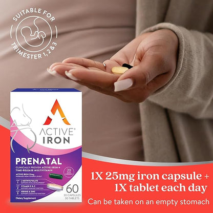 Active Iron Supplement 25mg + Prenatal Multivitamin, Clinically Proven to Increase Iron & Reduce Tiredness, Maximum Absorption, Gentle, Non-Constipating, 30 Capsules + 30 Time Release Tablets