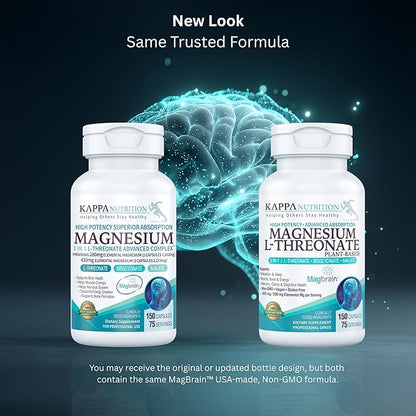 Kappa Nutrition Powered by Magbrain™ Magnesium L-Threonate Plant-Based, 150 Vegan Capsules, 420mg Elemental Magnesium (3 Capsules) from 2,253mg, Brain, Sleep & Muscle Support.