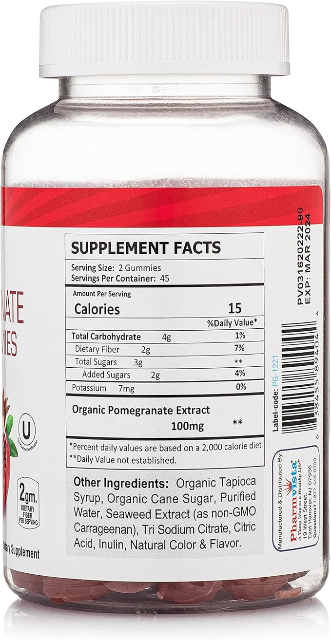 Pharmvista Pomegranate Fiber Gummies for Adults & Kids 100mg - Gluten Free Vegan Pomegranate Supplement Rich in Dietary Fiber Chewables Gummies- 90 Count