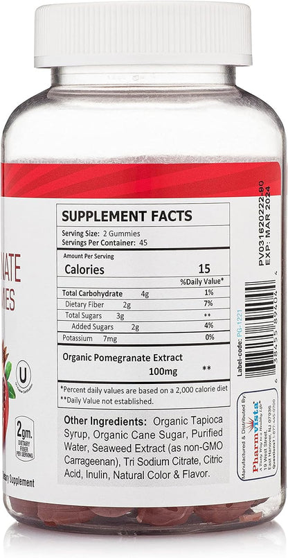 Pharmvista Pomegranate Fiber Gummies for Adults & Kids 100mg - Gluten Free Vegan Pomegranate Supplement Rich in Dietary Fiber Chewables Gummies- 90 Count