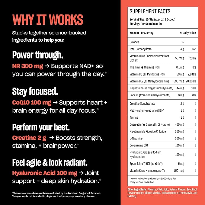 Anti Aging Supplement & Longevity Mix, Nicotinamide Riboside (NR) NAD+ Support with CoQ10, Creatine & L-Theanine, Tropical Flavor Longevity Supplement Powder