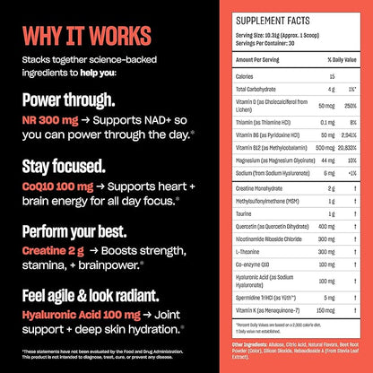 Anti Aging Supplement & Longevity Mix, Nicotinamide Riboside (NR) NAD+ Support with CoQ10, Creatine & L-Theanine, Tropical Flavor Longevity Supplement Powder