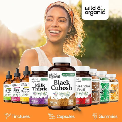 Wild & Organic Black Cohosh Capsules 540 mg - Menopause Supplements for Women - Black Cohosh for Women - Actaea Racemosa Herb - 180 Days of Supply - Vegan, No Fillers, Non-GMO - 180 Count
