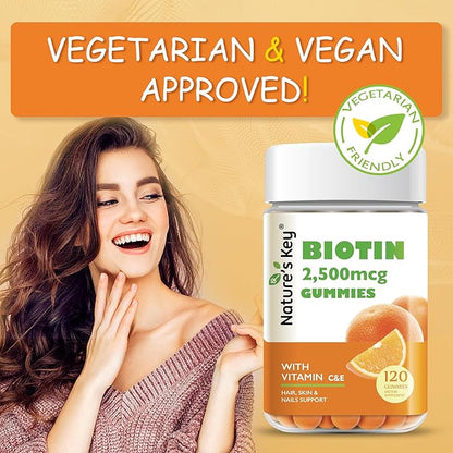 Nature's Key Biotin Gummies with Vitamin C and E, Support Hair Nails Growth & Beautiful Skin for Women Men and Kids, Vegan, Orange Flavors, 120 Count