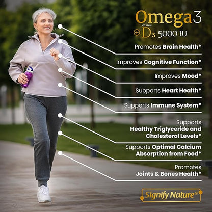 SIGNIFY NATURE Omega 3 Fish Oil Supplement with Vitamin D3 5000 IU - 1000mg Triglyceride Capsules for Brain Health - Omega3 EPA DHA + VIT D 3-90CT