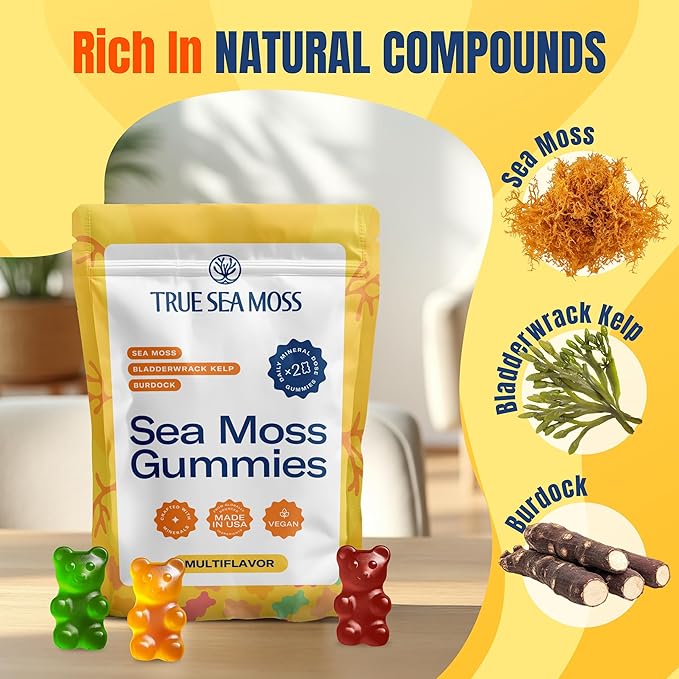 TrueSeaMoss Gummies Sample – 1200mg Irish Sea Moss + Bladderwrack & Burdock Root – Travel-Size, Vegan, Fruity, Gluten-Free – 14 Gummies – Easy On-the-Go Wellness – Made in USA