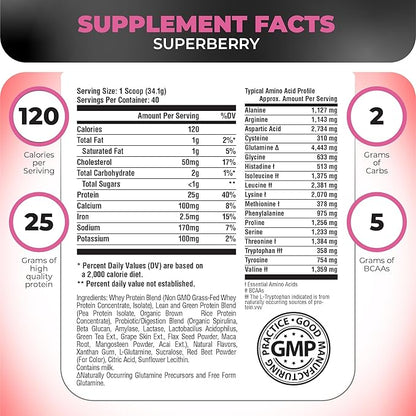 Nutrology TRIPACT Protein Powder - 7-in-1 Meal Replacement Shake with Grass Fed Whey Protein Powder, Pea, Rice, Greens for Muscle Recovery & Immunity, Superberry Flavor, 40 Servings