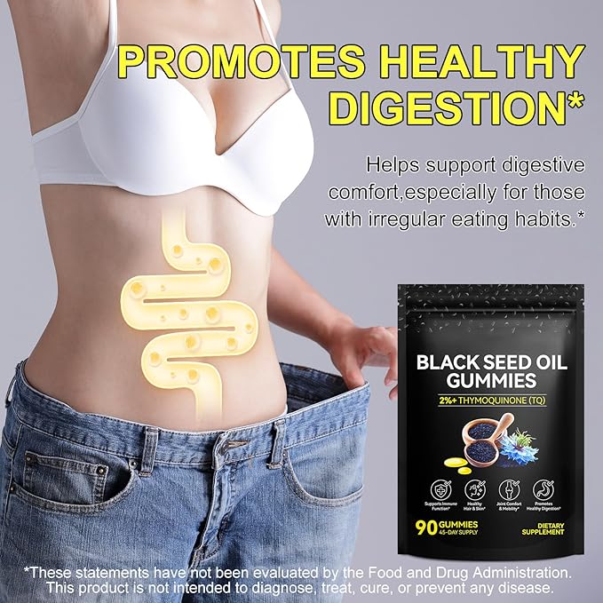 Black Seed Oil Gummies,Contains 500mg of Cold-Pressed Black Seed Oil,Promotes Digestion | Gluten Free | Non-GMO | Pectin Base,Hair Strength & Skin Hydration,90 Gummies