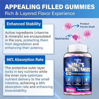 Methylated Multivitamin Gummies for Men - Mens Multivitanins Gummy with Vitamins A C D K E, Methylated Folate, B Complex, Probiotics, Omega-3, CoQ10, Herbal Blend - Support Energy & Immune Health