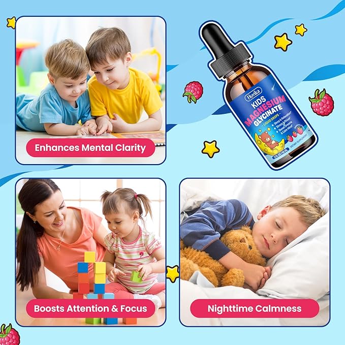 Magnesium Drops for Kids - with L-Theanine Omega-3, Vitamin B6, D3, Zinc - Kids Magnesium Glycinate Liquid for Sleep, Relaxation, Calm & Focus - 2 Fl Oz Raspberry Flavor