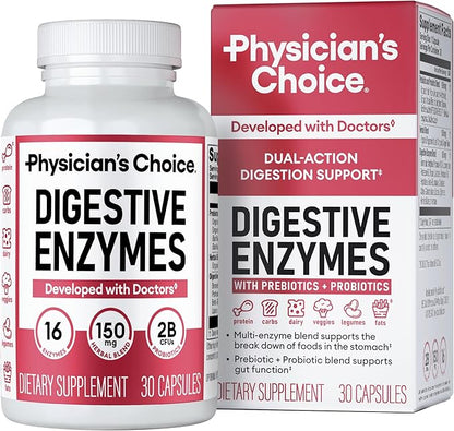 Physician's CHOICE Digestive Enzymes - Multi Enzymes, Bromelain, Organic Prebiotics & Probiotics for Digestive Health & Gut Health - Bloating & Meal Time Discomfort - Dual Action - All Diets - 30 CT
