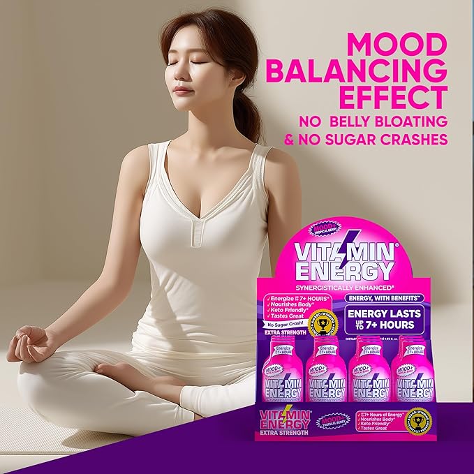 Vitamin Energy Mood+ Extra Strength Energy Shot Tropical Berry 10 Pack, 260mg Natural Caffeine, B-Vitamins, Rhodiola, Chamomile, Mood & Energy Support, Zero Sugar, Gluten-Free, Vegan, 1.93 fl oz