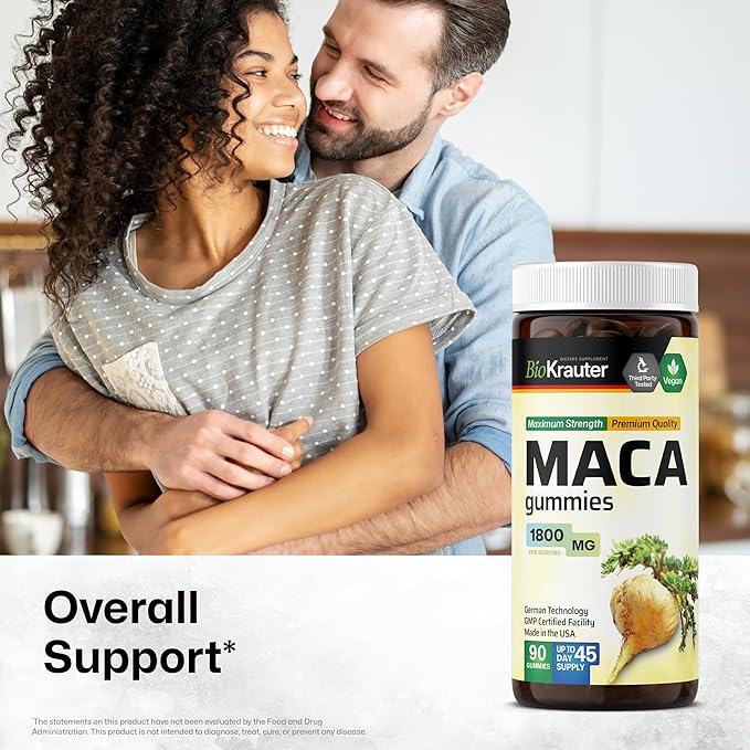 BIO KRAUTER Maca Root for Women and Men - Black, Red & Yellow Maca Supplement 1800 mg for Drive, Performance & Energy Support - 90 Gummies, 45-Day Supply, Non-GMO, Banana Flavor
