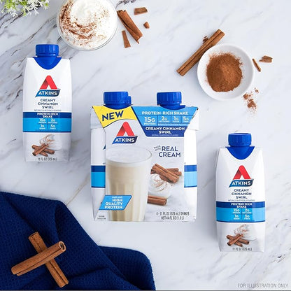 Atkins Creamy Cinnamon Swirl High Protein Shake, 15g Protein, Keto Protein Shake, 2g Net Carb, 1g Sugar, Low Sugar and Low Carb, Breakfast Protein Shakes, 12 Count