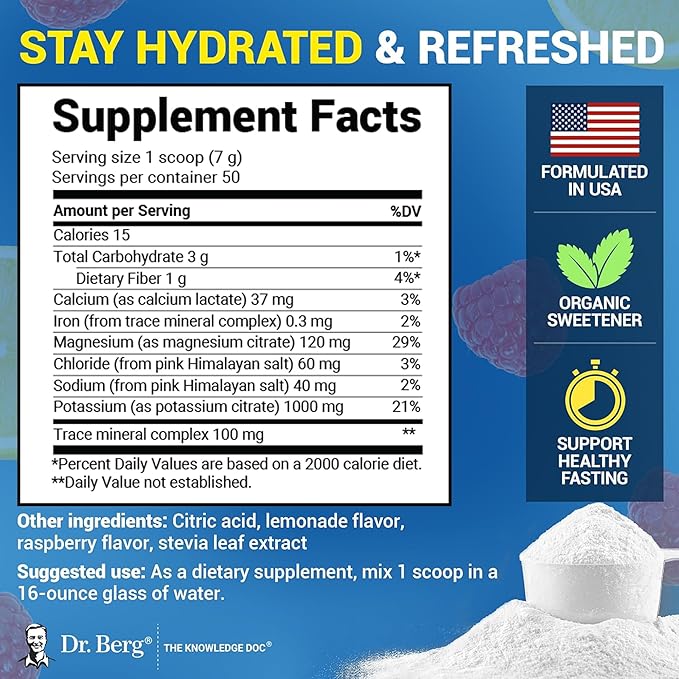 Dr. Berg Zero Sugar Hydration Keto Electrolyte Powder - Enhanced w/ 1000 mg of Potassium & Real Pink Himalayan Salt (NOT Table Salt) - Raspberry & Lemon Flavor Hydration Drink Supplement - 50 Servings