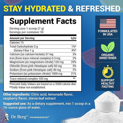 Dr. Berg Zero Sugar Hydration Keto Electrolyte Powder - Enhanced w/ 1000 mg of Potassium & Real Pink Himalayan Salt (NOT Table Salt) - Raspberry & Lemon Flavor Hydration Drink Supplement - 50 Servings