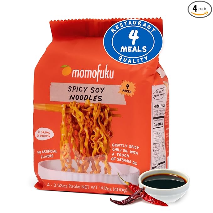 Momofuku Spicy Soy Ramen Noodles by David Chang, 4 Pack of Restaurant Quality Air-Dried Instant Noodles Now with More Sauce & 10g of Protein
