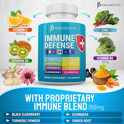 Immune Support 8 in 1 Capsules - Zinc Supplement, Vitamin D3, Vitamin C and Elderberry - Immune Booster with Echinacea, Ginger Root, and Turmeric - [2-Pack]