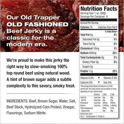 Old Trapper Beef Jerky, Old-Fashioned 8 Ounce Bag, Tender Meat Snacks for Lunches or Between Meals, 11 Grams of Protein, Zero Grams of Fat, and 70 Calories per Serving (Pack of One)