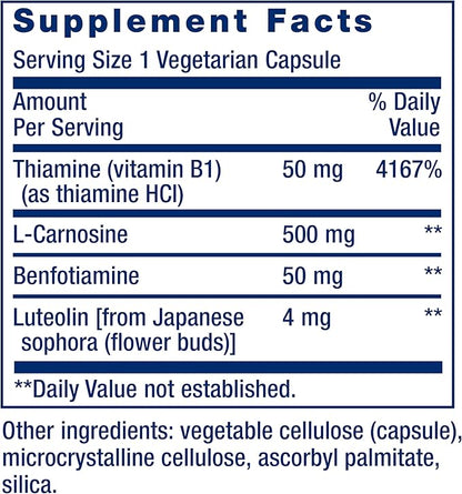 Life Extension Super Carnosine, L-carnosine, Luteolin, Vitamin B1, Muscle Support, Exercise Recovery, Heart Health, Gluten-Free, Non-GMO, Vegetarian, 60 Capsules